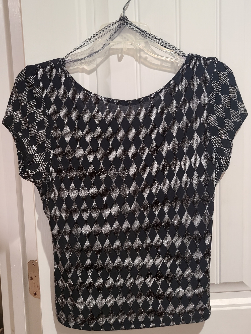 Vintage, J.R. Nights, Black and Silver Diamond-Pattern Cap Sleeve Scoop Back Top